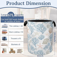 Starfish Coral Shells Laundry Hamper With Handle,Foldable Oxford Cloth Ocean Laundry Basket,20.8