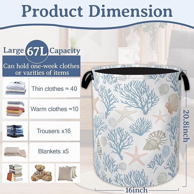 Starfish Coral Shells Laundry Hamper With Handle,Foldable Oxford Cloth Ocean Laundry Basket,20.8"x16" Clothes Storage Basket for Laundry Room/Bedroom/Bathroom