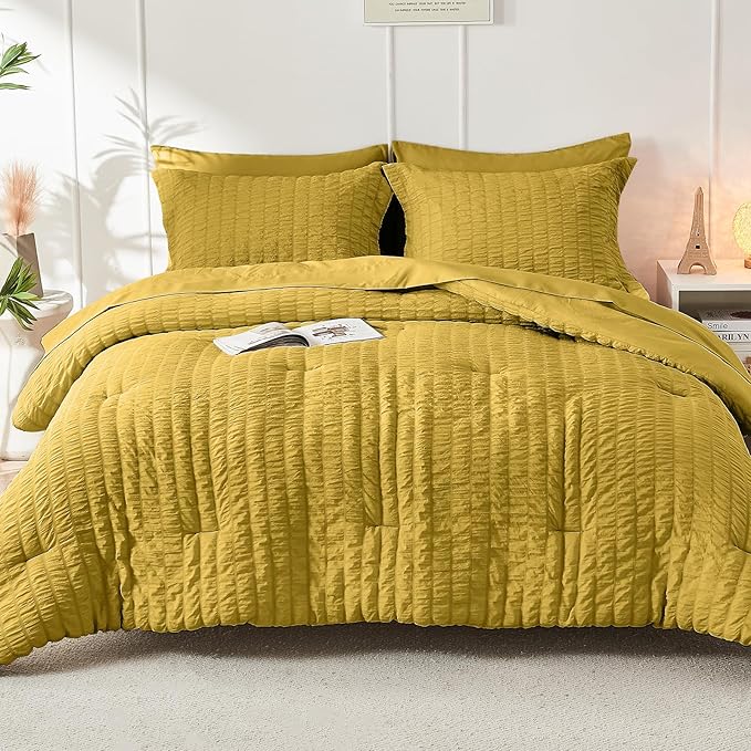 HYMOKEGE Mustard Yellow Twin XL Comforter Set Seersucker 5 Pieces, All Season Luxury Bed in a Bag for Bedroom, Bedding Set with Comforter, Sheets, Pillowcase & Sham