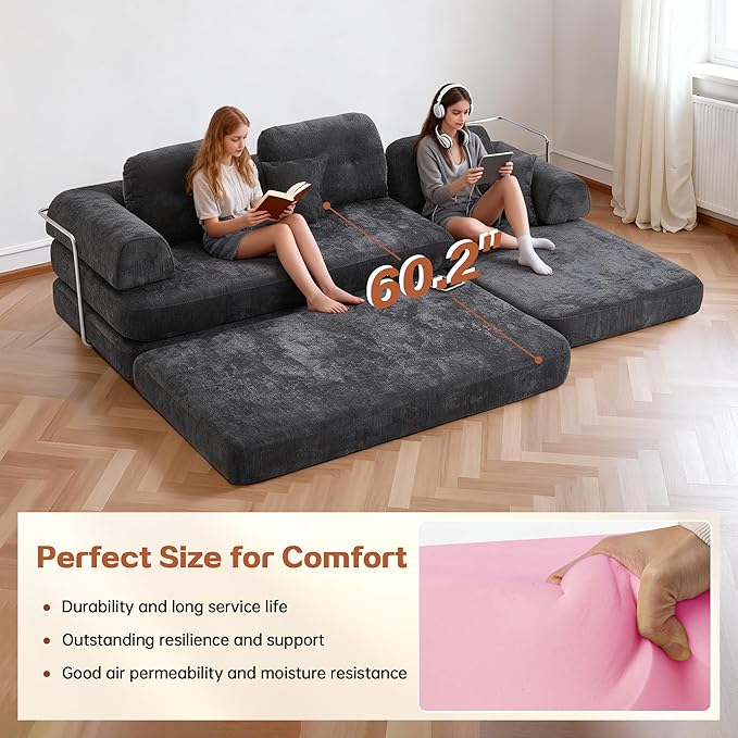 104" Oversized Convertible Sleeper Sofa Bed, Chenille L Shape Sectional Couch, Folding Sofa Bed with Fixed-Shape Frame, Modern Cloud Floor Mattress Couch, Modular Sofa for Living Room, Dark Grey