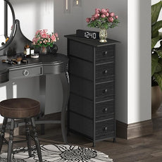 GiftGo Narrow Dresser Vertical Slim Dresser Chest of Drawers Skinny Storage Tower for Small Spaces Gaps Closet Bedroom Bathroom Small Fabric Drawer Unit (Charcoal Black, 5 Drawers)