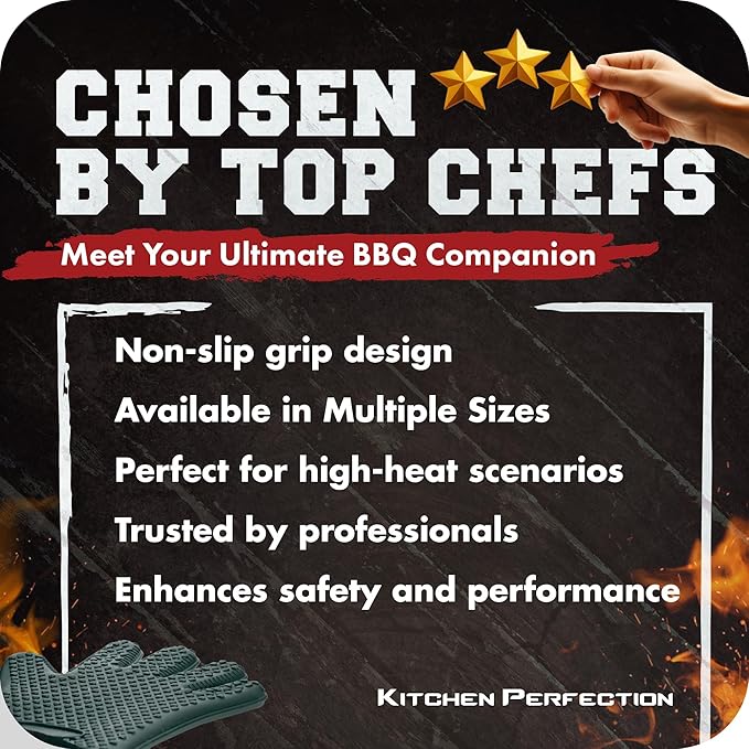 KITCHEN PERFECTION XL Silicone Smoker Oven Gloves-Extreme Heat Resistant BBQ Gloves-Handle Hot Food Right on Your Grill Fryer&Pit|Waterproof Grilling Cooking Baking Mitts|Superior Value Set+3 Bonuses