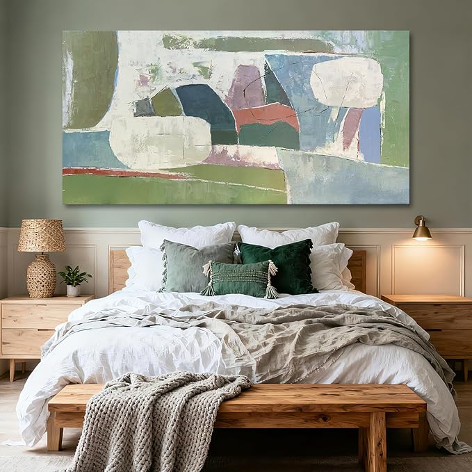 YETHEN WAL Oversized Green Abstract Canvas Wall Art 29×58 in, Large Horizontal Textured Painting for Living Room Sofa Wall, Neutral Earth Tone Decor