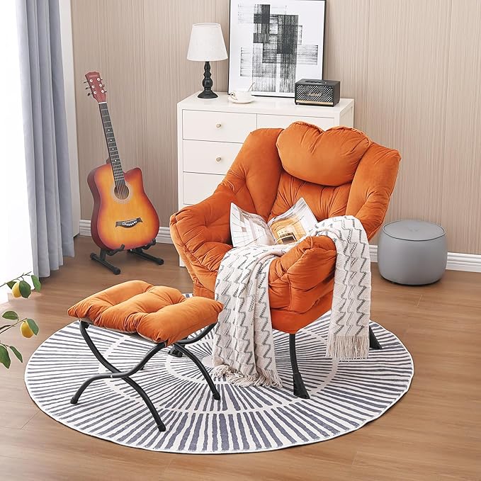 Lazy Chair and Ottoman, Large Accent Lounge Chair with Armrests and a Side Pocket, Modern Leisure Upholstered Sofa Reading Armchair with Footrest for Bedroom, Living Room, Dorm Rooms, Office