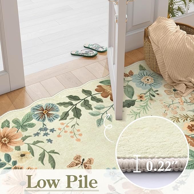 Lahome Floral Entryway Rug, 2x4 Washable Kitchen Rugs Non Slip Ultra-Thin, Front Door Mat Indoor Entrance Stain Resistant Boho Low-Pile Carpet for Entry Bathroom Bedroom(2x4ft,Beige)