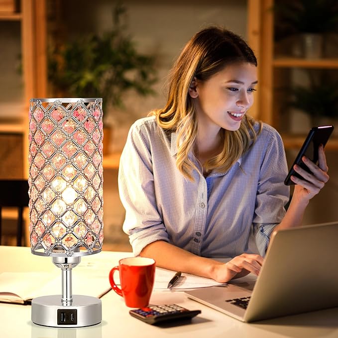 Crystal Table Lamp, Pink Touch Lamp with USB C+A Ports, 3 Way Dimmable Bedroom Light with Crystal Shade, Bedside Nightstand Small Lamp for Girl Bedroom, Living Room(Buld Included)