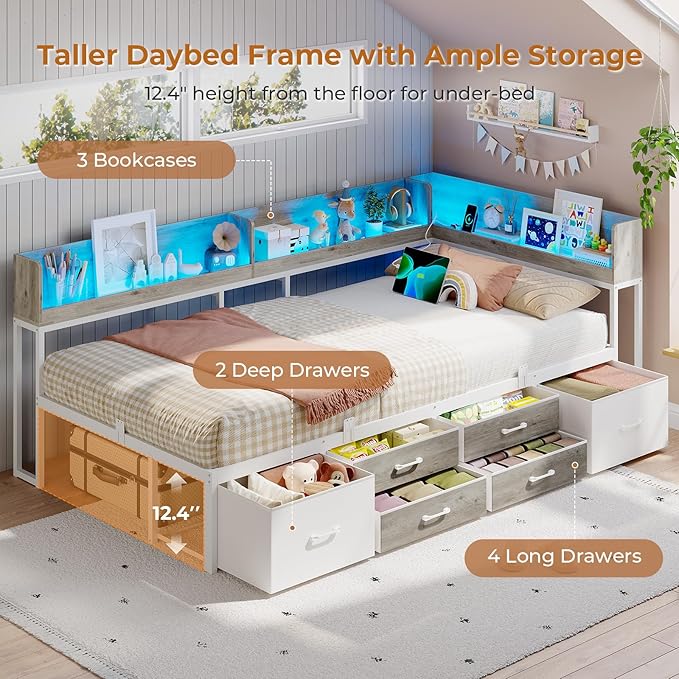 VIAGDO Corner Bed Frame with Storage Bookcase and 6 Drawers, Twin XL Metal Platform Corner Bed Frame with LED Lights and Charging Station, Twin XL Daybed for Kids Teenagers, White & Grey