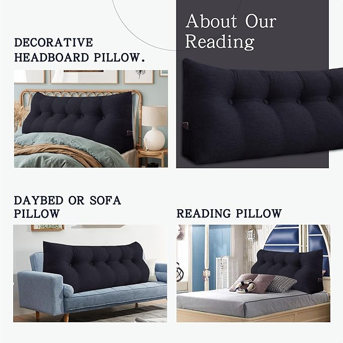 14 lbs Thickened Headboard Pillow Wedge Pillow Headboard Reading Pillow Bed for Backrest Reading Triangular Pillow with Side Pocket for Sitting in Bed Cotton Linen Black King