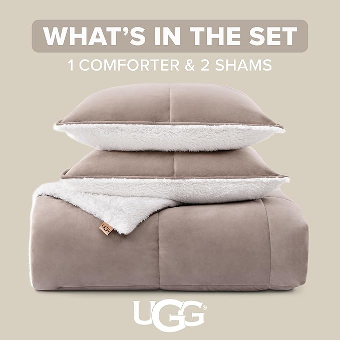 UGG Blissful Full/Queen Comforter Set with 2 Pillow Shams Reversible Comforter Plush Fluffy Warm Bed Set Premium Down Alternative Bedding for College Dorm Essentials, Full/Queen, Light Brown Fawn