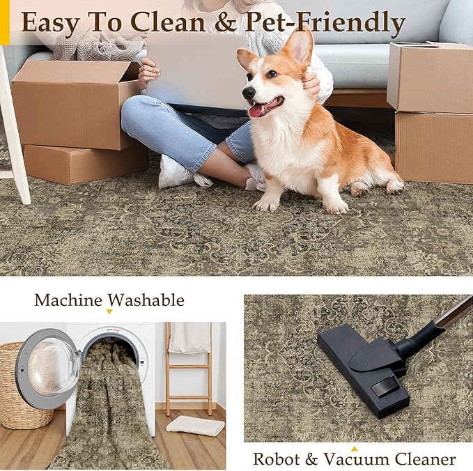 2x6 Washable Brown Runner Rug Vintage Hallway Kitchen Carpet Non-Slip Soft Low Pile Distressed Throw Rug for Bedroom Bathroom Laundry Living Room