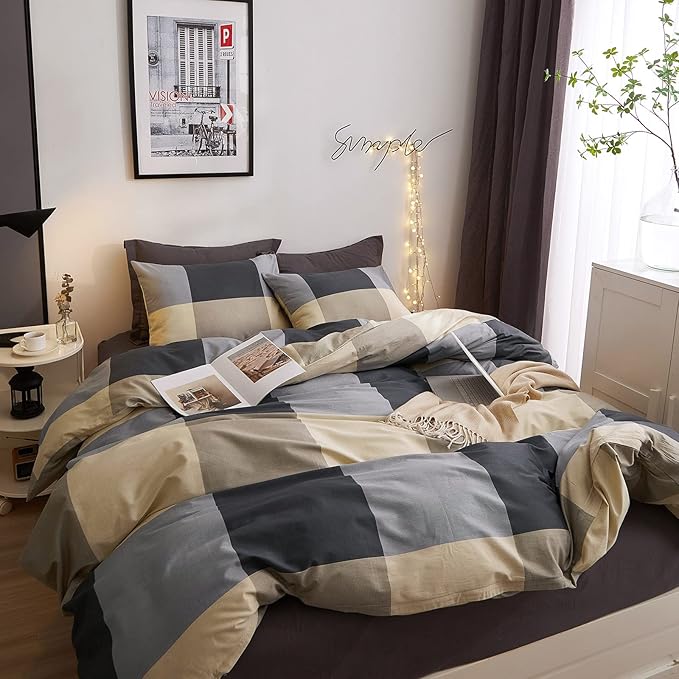 VM VOUGEMARKET Teens Boys Duvet Cover Queen,3 Pieces Black Gray Plaid Bedding Duvet Cover Set,100% Cotton Simple Modern Farmhouse Bedding Set Without Comforter-90x90,Checkered