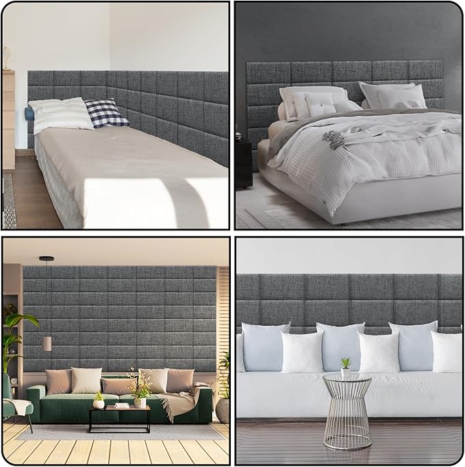 4 Piece Linen Fabric Peel and Stick Headboard, Upholstered Wall Mounted Headboard for Twin, 3D Anti-Collision Soundproof Self-Adhesive Wall Panel for Bedroom 16.53" x 9.84"