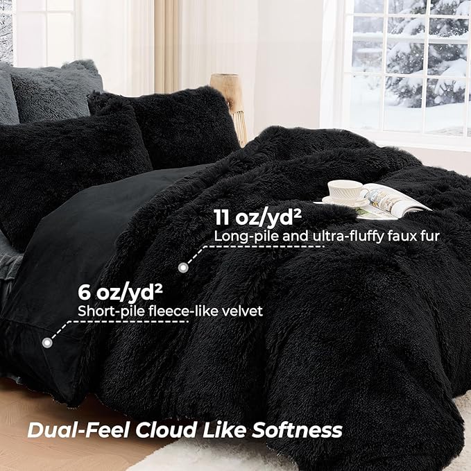 Sasttie 3-Piece Fluffy Duvet Cover Full, Ultra Soft Faux Fur and Velvet Black Comforter Cover, Luxury Fuzzy Bedding Sets for Winter Bed, Includes 1 Duvet Cover and 2 Pillowcases, No Comforter
