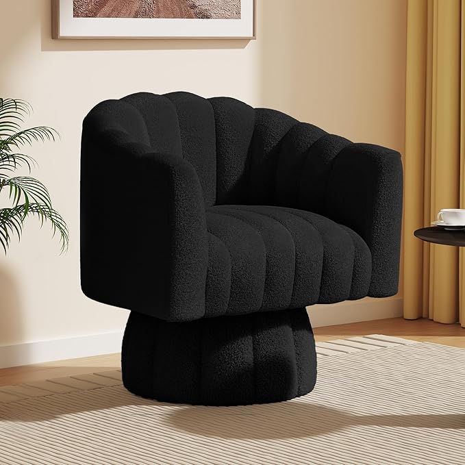 360 Degree Sherpa Swivel Cuddle Barrel Accent Sofa Chairs, Round Teddy Armchairs with Wide Upholstered, Furry Boucle Reading Chair for Living Room, Bedroom, Office, Waiting Rooms (Black)