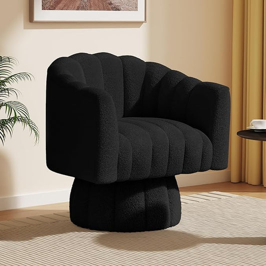 360 Degree Sherpa Swivel Cuddle Barrel Accent Sofa Chairs, Round Teddy Armchairs with Wide Upholstered, Furry Boucle Reading Chair for Living Room, Bedroom, Office, Waiting Rooms (Black)
