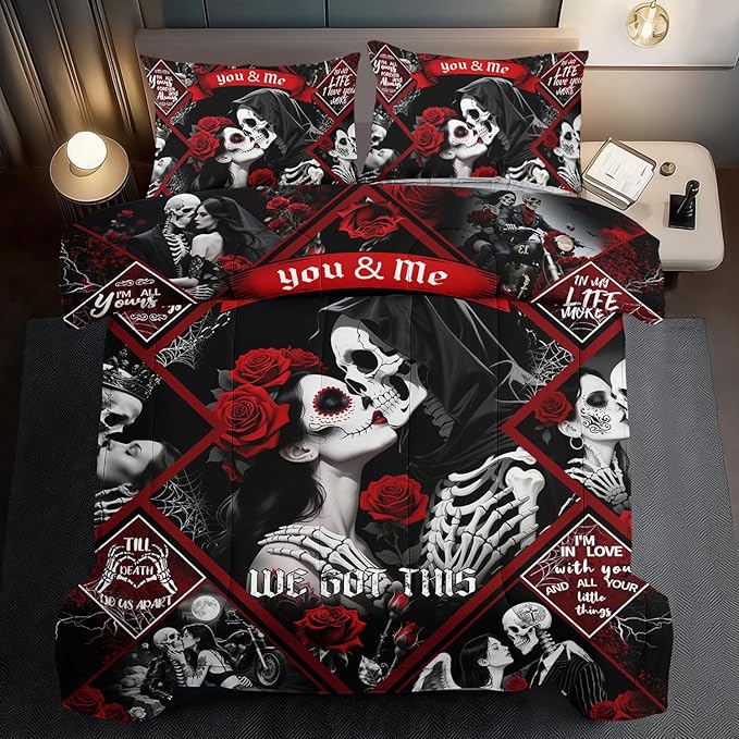 Red Skull Comforter Set King Size Women Men Black Goth Bedding Set Girls Gothic King Size Comforter Couple Red Rose Couple Bedding Boho Skull Quilt Bedroom Decor