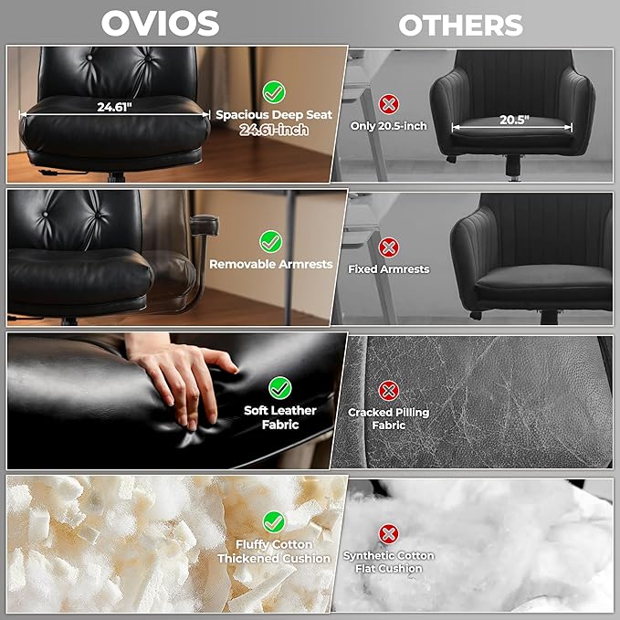 ovios Ergonomic Office Chair, High Back Faux Leather Executive Chairs with Thick Cushion, Comfy High-Century Modern Swivel Rolling Computer Armchair (Black, PU Leather)