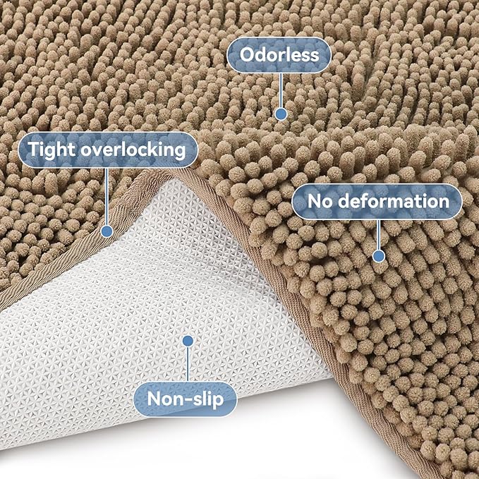 Bcoimo 36"×24" Absorbent Bath Mat, Non-Slip with Backing Chenille Bath Rug and Machine Washable Bathroom Mat Quick-Dry Design. Ideal for Bathroom and Tub Areas