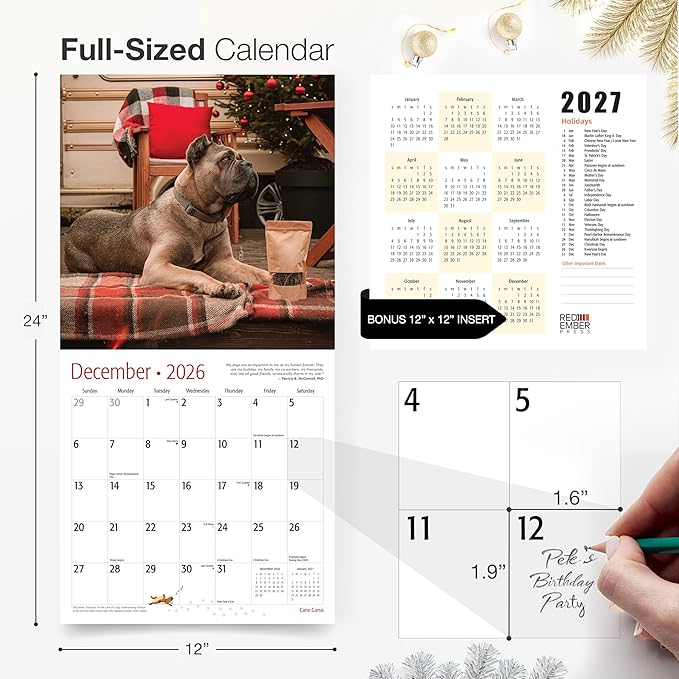 RED EMBER Cane Corso 2026 Wall Calendar 12 Month | 12" x 24" Open | Thick & Sturdy Paper | Holiday Gift | Cute Puppy Dog Calendar 2026
