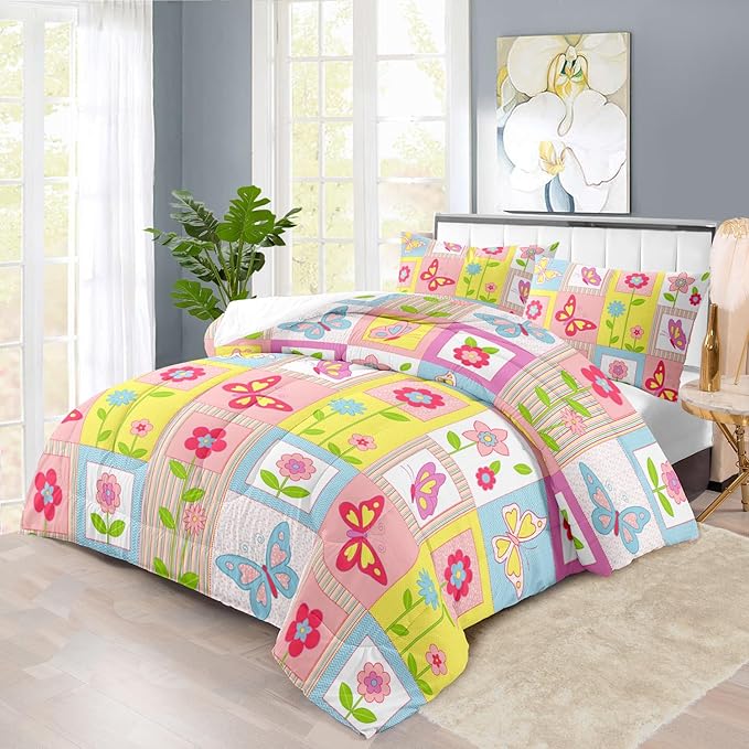 Pink Butterfly Kids Comforter Set Twin Girls Floral Bedding Set Girls Pink Grid Comforter Kids Quilt Bedroom Decor White Purple Blue Pink Butterfly Bedding Bed Decor