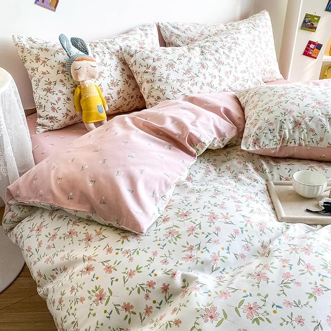 HighBuy Soft Cotton White Duvet Cover King Size Pink Floral Coquette Bedding Set King Chic Vintage Flower Comforter Cover Quilt Cover with 2 Pillowcases,Boho,King