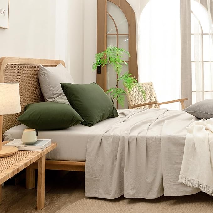 BESTOUCH 100% Washed Cotton Pillowcase for Hair and Skin Linen Feel Soft Comfortable Breathable 2 Set Pillow Case with Envelope Closure Solid Olive Green Queen 20x30 Inches