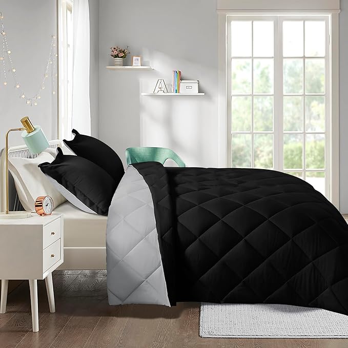 HIG 3pc Black Twin/Twin XL Comforter Set - All Season Reversible Down Alternative Comforter with Sham - Quilted Duvet Insert with Corner Tabs - Diamond Stitched Blanket - Breathable, Soft, Fluffy