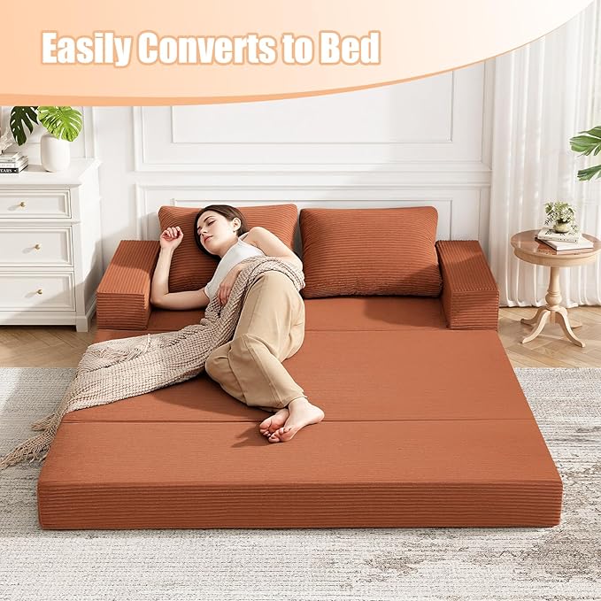 COMAX Convertible Sofa Bed Queen, Corduroy Folding Floor Couch Pull Out Couch Bed Futon Sleeper with Pillows, Fold Out Boneless Sofa Comfy Lounge Mattress Loveseat for Living Room Bedroom