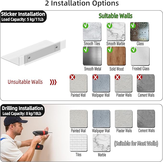 Metal Floating Shelf 2-Piece Set - Rust-Resistant Aluminum Wall Shelves - No Drill Wall Mounted Shower Caddy, Ideal for Display & Storage in Any Room (11.8", White)