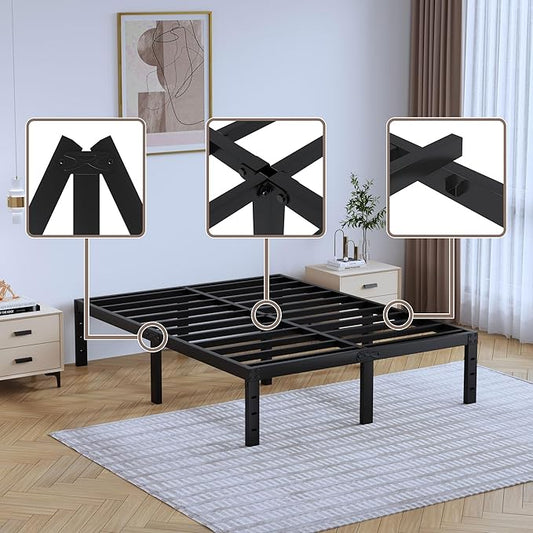 King Metal Bed Frame - 14 Inch Tall Heavy Duty Bedframe Black Basic Steel Slats Platform No Box Spring Needed/Easy Assembly/Noise Free