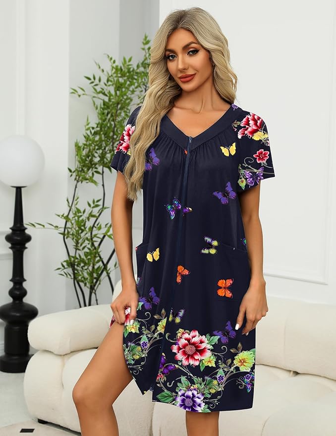 Ekouaer Women Robe Zipper Front Mumu Duster Robes Zip Up Housecoat Soft Sleepwear with Pockets