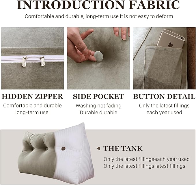 8 lbs Thickened Twin Wedge Pillow Headboard College Dorm Bed Velvet Wedge Pillow Backrest Triangular Headboard Pillows with Side Pocket, Dorm Bedding Essentials for Girls & Boys, Taupe