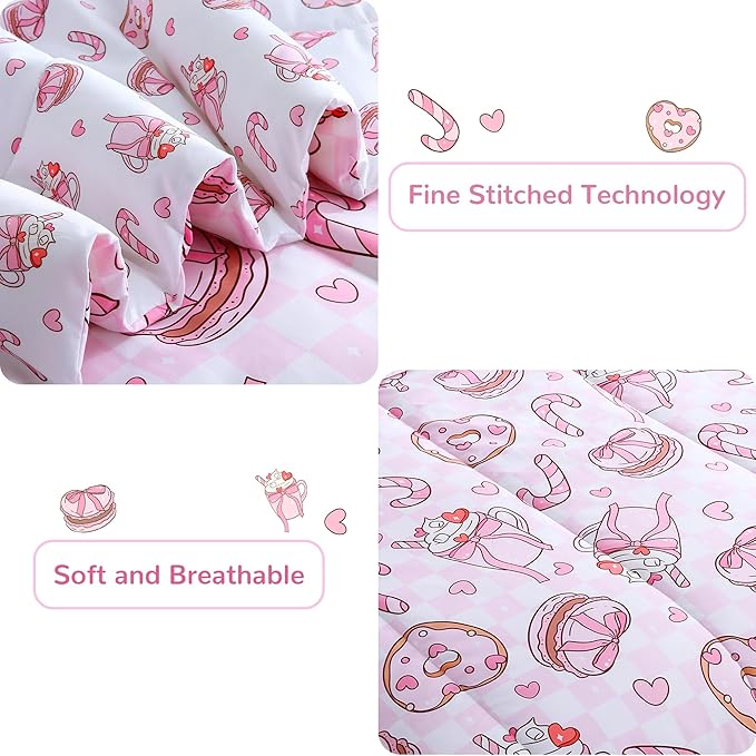Viviland Kids Twin Bedding Sets for Girls, Soft Twin Comforter Set with Sheets, 5 Pieces Microfiber Bed in a Bag, Pink Dessert Cake