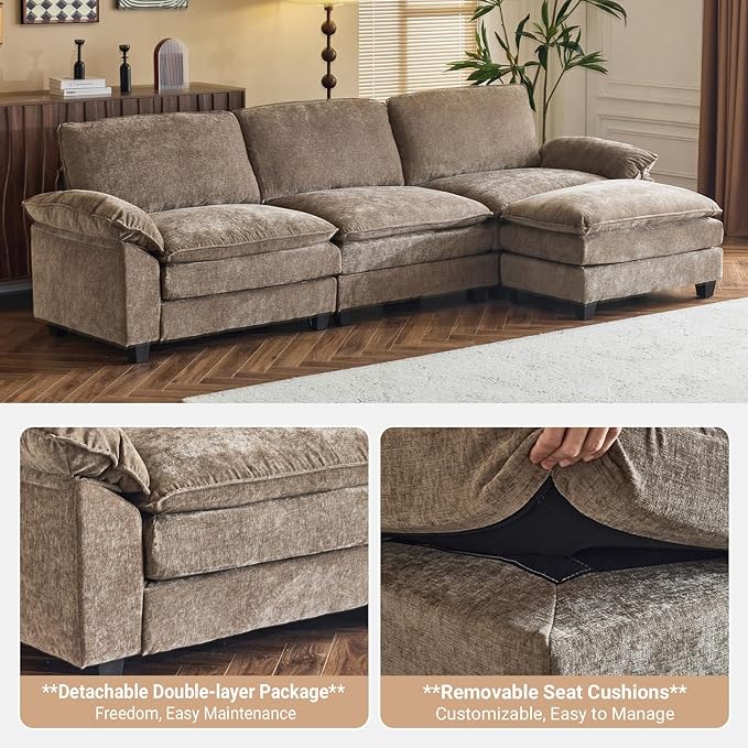 VINGLI Convertible Modular Sectional Sofa with Deep Seat & Movable 2-Layer Ottoman, L-shape Cloud Sofa with Chaise &Armrests, Oversized 3-Seater Couch for Living Room & Apartment, Chenille,Light-Brown