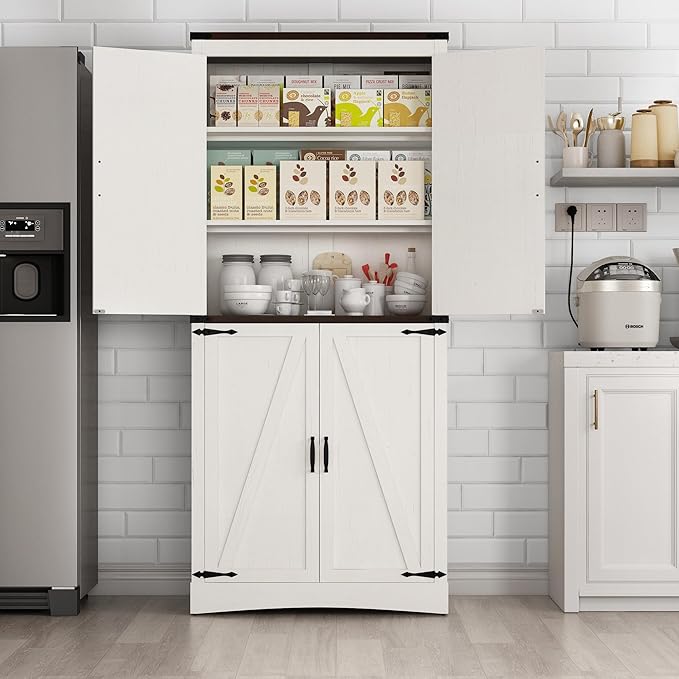 71" Tall Kitchen Pantry,Farmhouse Storage Cabinet with Adjustable Shelves,Load-Bearing Steel Pipe,Farmhouse Pantry Cabinet with 4 Barn Doors,for Kitchen,Dining Room,Living Room(Rustic White)