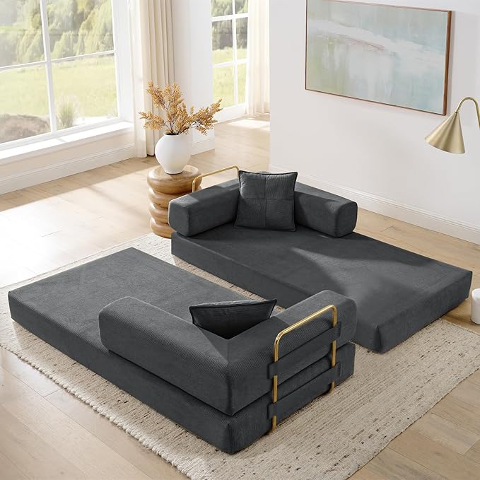Antetek Convertible Futon Sofa Bed, 3-Seater Modern Corduroy Foam Floor King Size Bed Fold Out Sleeper Lounge Loveseat Sofa Couch with 2 Throw Pillows for Living Room Bedroom Guest Room, Dark Grey
