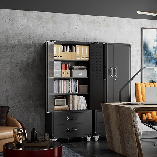 SUXXAN Rolling Storage Cabinet with 2 Doors and 2 Drawers, Heavy Duty Metal Storage Cabinet with Shelves, Locking Steel Cabinet for Warehouse, Home, Office (Black)