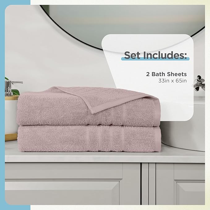Martex 2-Pack Ultimate Performance Bath Sheet Set – 100% Cotton – 33” x 65” – Extra Large Bath Towels – Versatile – Low-Linting – Supersoft Bathroom Set – Super Absorbent – Easy Care – Crystal Pink