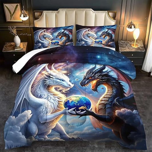 Black White Dragon Comforter Set King Boys Flame Ancient Mysterious Creatures Fantasy Dragon Bedding Set Boys GirlsWhite and Black Comforter King Size Animals Quilt Room Decor