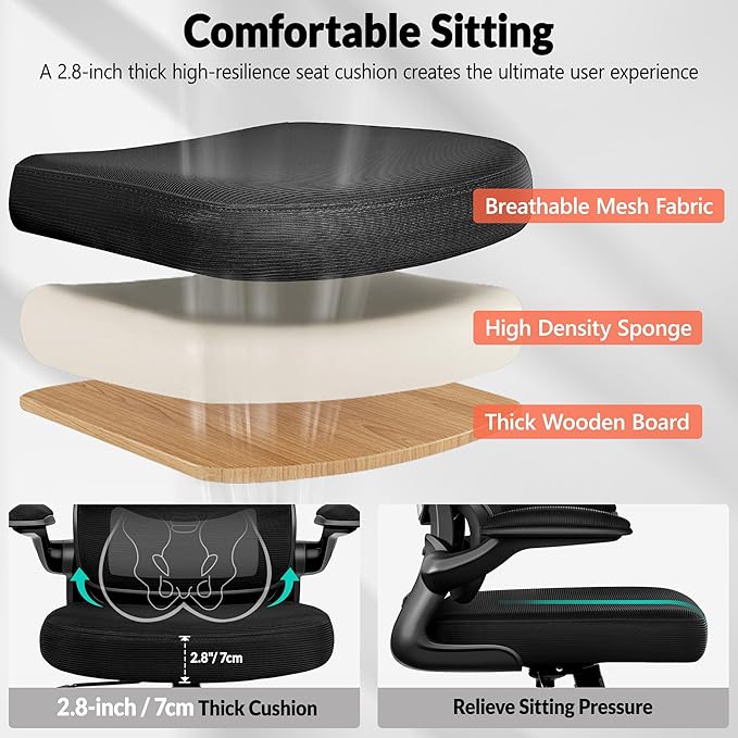 Office Chair Ergonomic Desk Chair, Breathable Mesh Comfy Chair with Lumbar Support, Computer Chair, Home Desk Chair with Flip-up Armrests, Gaming Chair for Adults Home Office (Black)