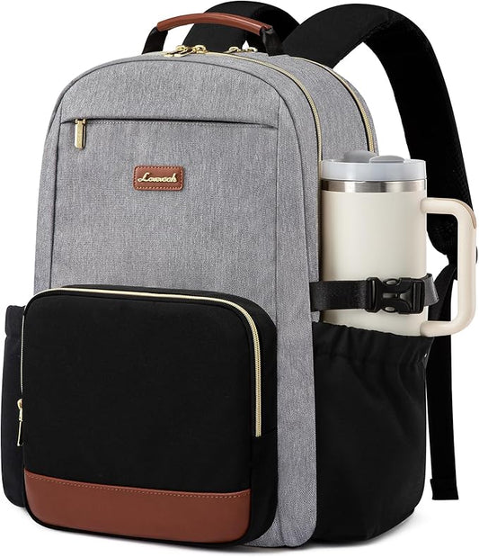 LOVEVOOK Laptop Backpack for Women with Pouch Pocket for Large Capacity Cup,18 Inch Teacher Nurse College Work Backpack Purse,Waterproof Laptop Bag Computer Back Pack for Travel, Grey-Black-Brown