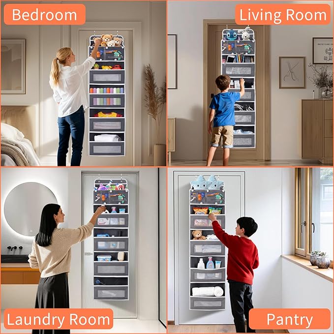Over the Door Organizer, Large Capacity 5 Shelfs Hanging Door Organizer with Pockets and DIY Slots for Toys, Shoes, Diapers, Clothes, Behind Door Storage for Closet Wall Bedroom Nursery Pantry, Gray