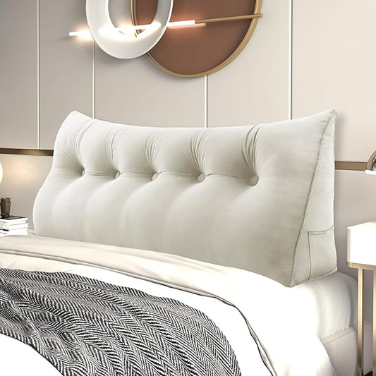 Headboard Wedge Pillow Large Bolster Reading Pillows for Sitting in Bed Adult,Velvet Triangular Cushion Backrest Lumbar Back Support Upholstered Daybed Sit Up Book Pillows(White,Queen)