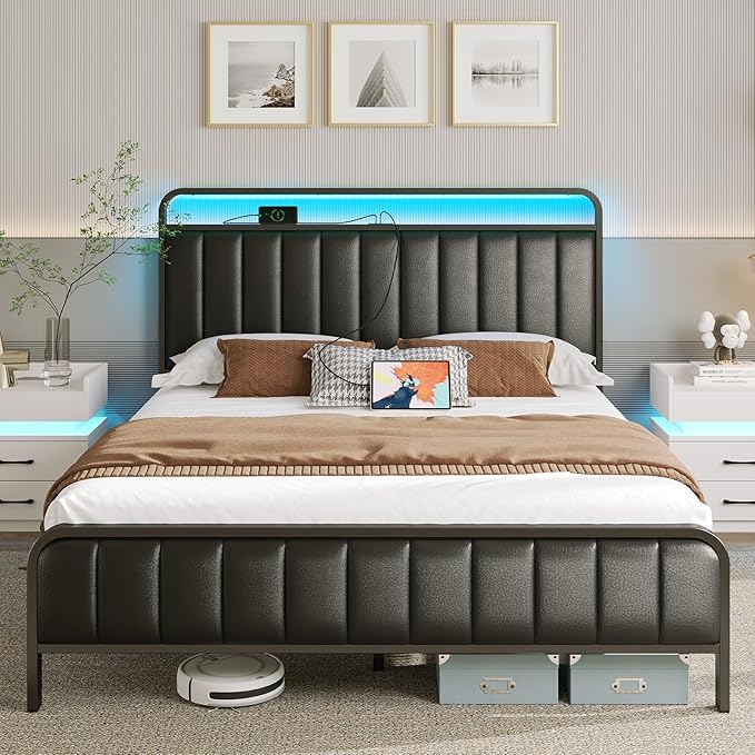 Rolanstar Full Size Bed Frame with LED Light and Charging Station, Upholstered Headboard and Footboard, Metal Slat, Noise Free, Easy Assembly, Black