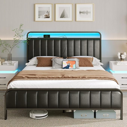 Rolanstar Full Size Bed Frame with LED Light and Charging Station, Upholstered Headboard and Footboard, Metal Slat, Noise Free, Easy Assembly, Black