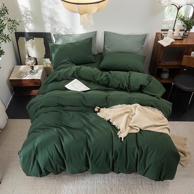 FOSSA Duvet Cover Set 100% Washed Cotton Linen Feel Super Soft Breathable Cozy 3 Pieces Bedding Sets Solid Forest Green Super King