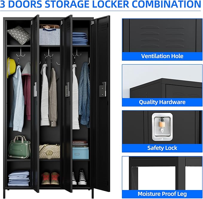 Aobabo Metal Lockers for Employees, 3 Doors Storage Locker with 9 Hooks for Office Home, Black, Assembly Required