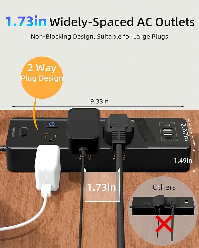 Surge Protector Power Strip with Individual Switches - 6 Wide Spaced Outlet 4 USB Ports(2 USB C), 10ft Extension Cord with Switch On/Off, 1500J, 3 Prong Flat Plug, Wall Mount for Home Office