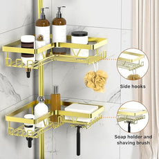 KEGII Shower Caddy Tension Pole, 4-Tier Corner Shower Tension Rod Organizer No Drilling, Floor to Ceiling Bathroom Caddy 25-114.2 inch, Adjustable Bath Tub Shampoo Holder for Corner, Gold