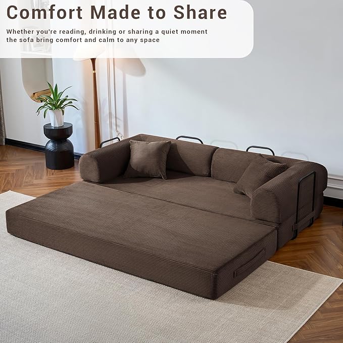 Compressed Sofa, Convertible Sofa Bed, Corduroy Compression Boneless Couch with Pillow, Comfy Modular Foldable Floor Sleeper Sofa for Bedroom, Living Room, Lounge, Studio (Brown)